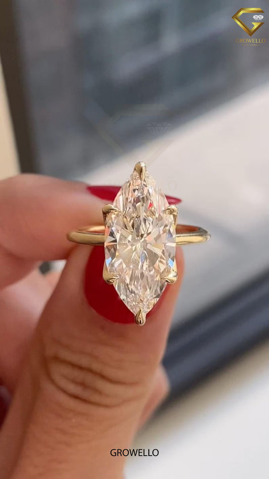 4 CT Marquise Lotus Crown Engagement Ring, Solid Gold, Lab Grown Diamond/Moissanite