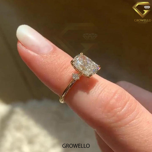 3 CT Elongated Cushion Ring: Claw Prong, Surprise Diamonds, Solid Gold, Lab Diamond/Moissanite