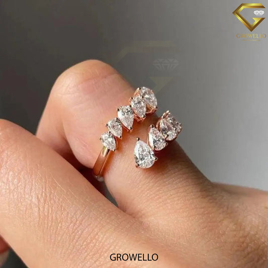 Graduated pear cluster bypass ring, open wrap, solid gold, lab-grown or moissanite