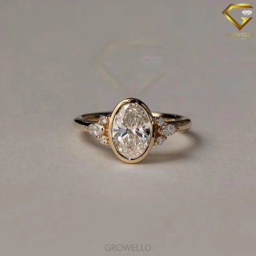 3CT oval bezel engagement ring with marquise & round side stones, solid gold, lab-grown diamond or moissanite