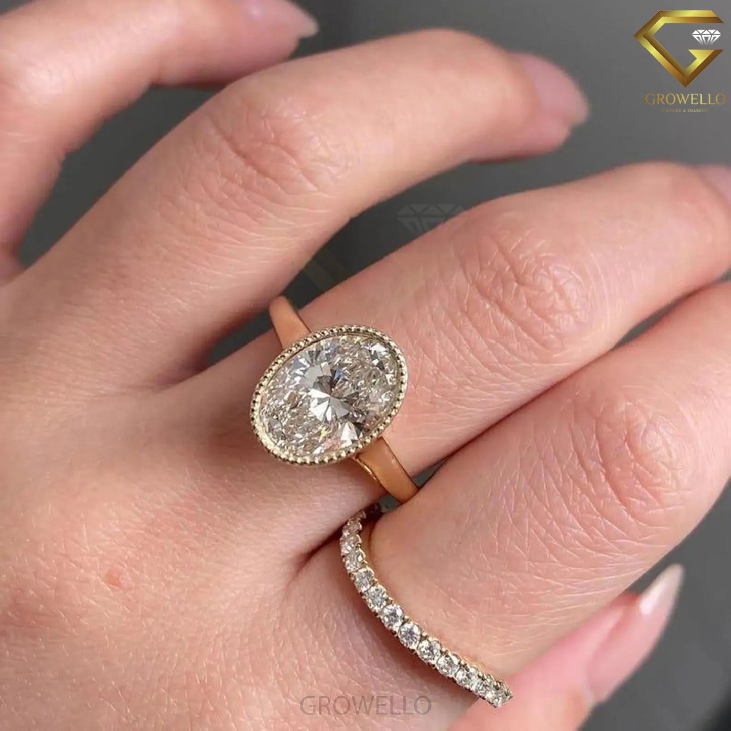3CT oval bezel Set engagement ring, solid gold, lab-grown diamond or moissanite