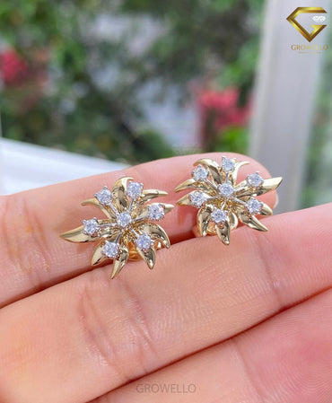 Floral Burst Round Diamond Stud Earrings, Sunburst Design, Solid Gold, Lab Grown Diamond or Moissanite