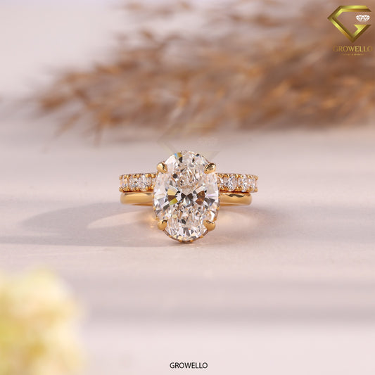4 CT Oval Bridal Set Engagement Ring, Pavé Split Shank, Solid Gold, Lab Grown Diamond or Moissanite