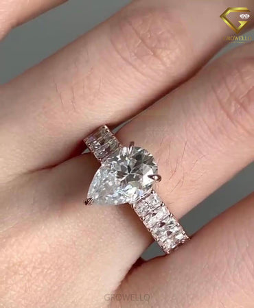 2 CT Pear Cut Engagement Ring, Baguette Eternity Band, Solid Gold, Lab Grown Diamond or Moissanite