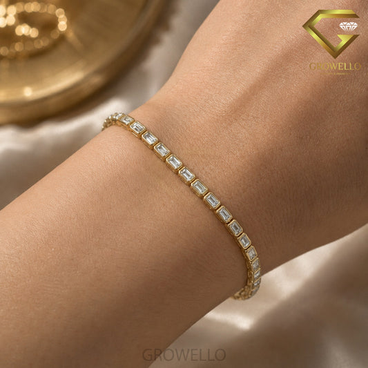 Emerald Cut Bezel Set Tennis Bracelet, Minimal Solid Gold, Lab Grown Diamond or Moissanite