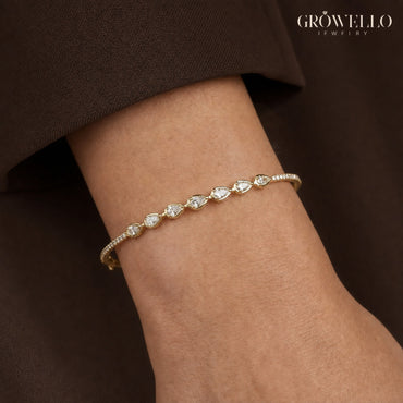 Pear Diamond Bangle, Dainty Pave Stackable Bracelet, Solid Gold, Lab Grown Diamond or Moissanite