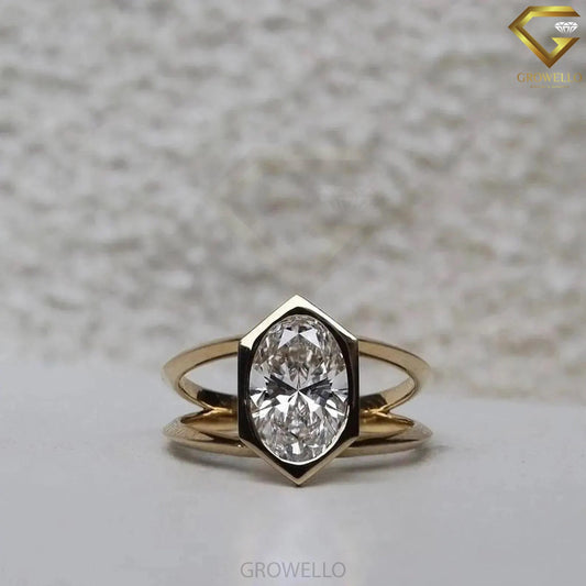 3CT Oval Bezel Engagement Ring, Split Shank, Solid Gold, Lab Grown Diamond or Moissanite
