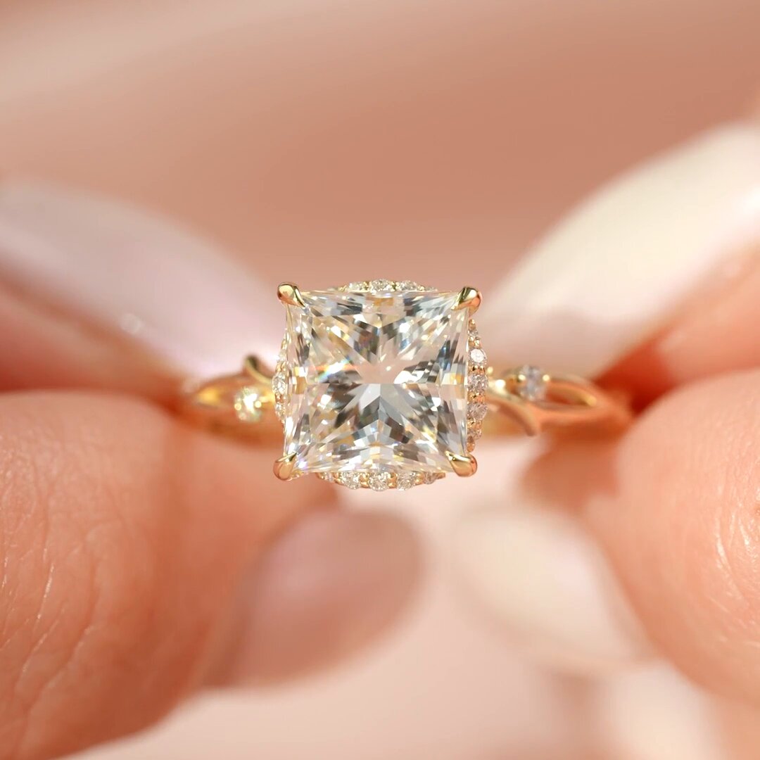 2 CT Princess Cut Moissanite Engagement Ring Princess Halo Twig Lab Grown Diamond Ring Unique Nature Inspired Ring 14K Solid Gold Ring.
