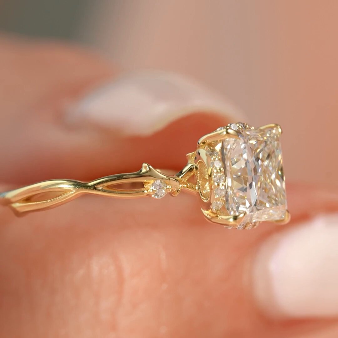 2 CT Princess Cut Moissanite Engagement Ring Princess Halo Twig Lab Grown Diamond Ring Unique Nature Inspired Ring 14K Solid Gold Ring.