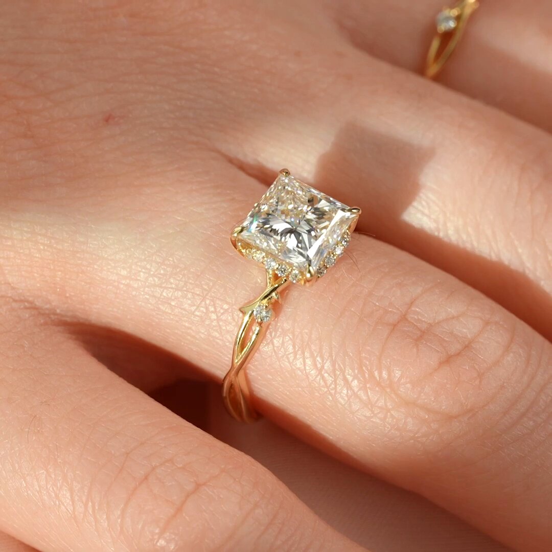 2 CT Princess Cut Moissanite Engagement Ring Princess Halo Twig Lab Grown Diamond Ring Unique Nature Inspired Ring 14K Solid Gold Ring.