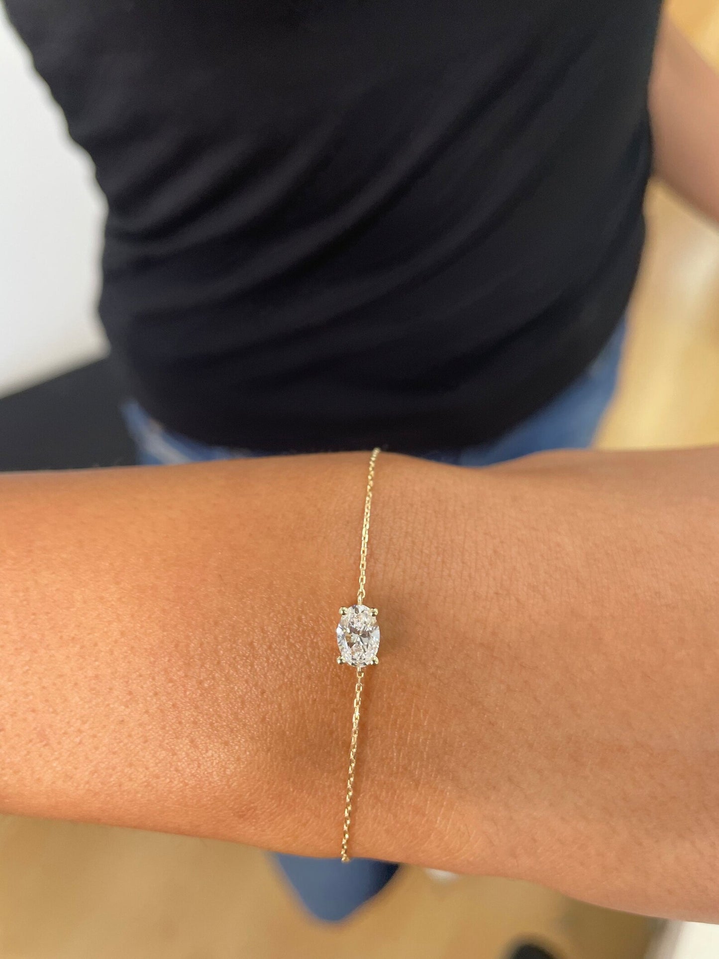 "0.55 Carat Oval Cut Lab-Grown Diamond Solitaire Bracelet | 14K Yellow Gold Minimalist Design | Elegant Birthday Gift"