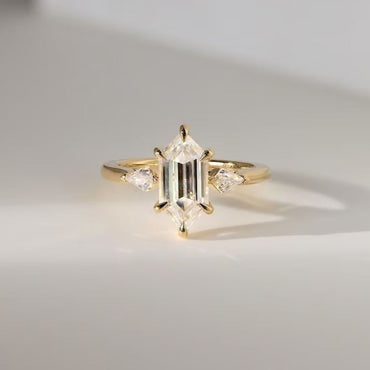 Hexagon Cut Three Stone Moissanite Ring Kite Cut Side Stones Crow Prong Setting Anniversary Gift for Her Lab Grown Diamond Ring.
