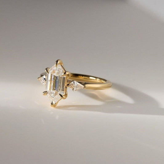 Hexagon Cut Three Stone Moissanite Ring Kite Cut Side Stones Crow Prong Setting Anniversary Gift for Her Lab Grown Diamond Ring.