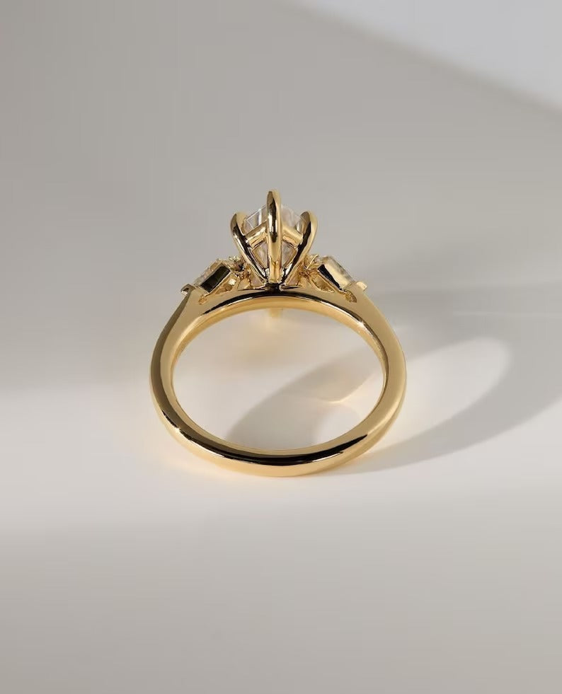 Hexagon Cut Three Stone Moissanite Ring Kite Cut Side Stones Crow Prong Setting Anniversary Gift for Her Lab Grown Diamond Ring.