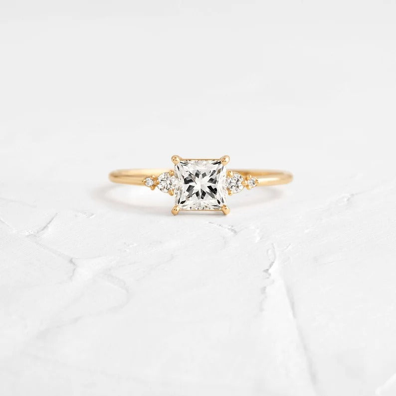 2 CT Princess Cut Cluster Moissanite Engagement Ring Princess Cut Lab Grown Diamond Ring 14K Solid Gold Vintage Ring CVD Diamond Ring.