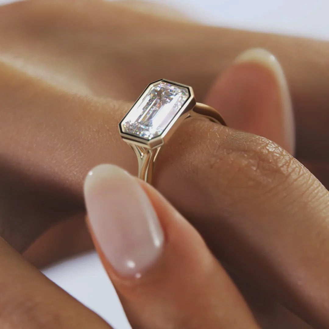 East West Engagement Ring 2 CT Emerald Cut Moissanite Bezel Setting Ring 14K Solid Gold Bridal Solitaire Lab Grown Diamond Anniversary Ring