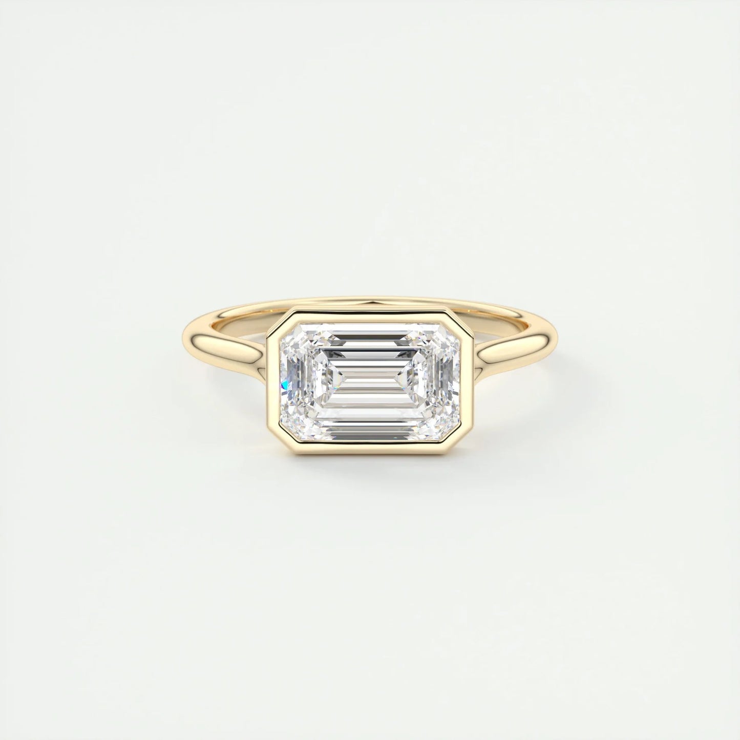 East West Engagement Ring 2 CT Emerald Cut Moissanite Bezel Setting Ring 14K Solid Gold Bridal Solitaire Lab Grown Diamond Anniversary Ring