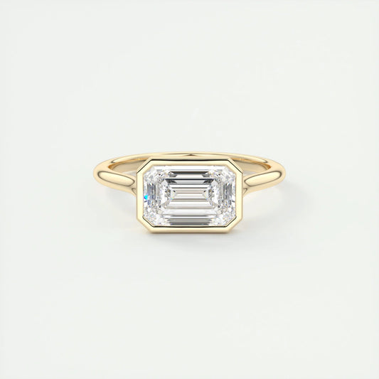 East West Engagement Ring 2 CT Emerald Cut Moissanite Bezel Setting Ring 14K Solid Gold Bridal Solitaire Lab Grown Diamond Anniversary Ring