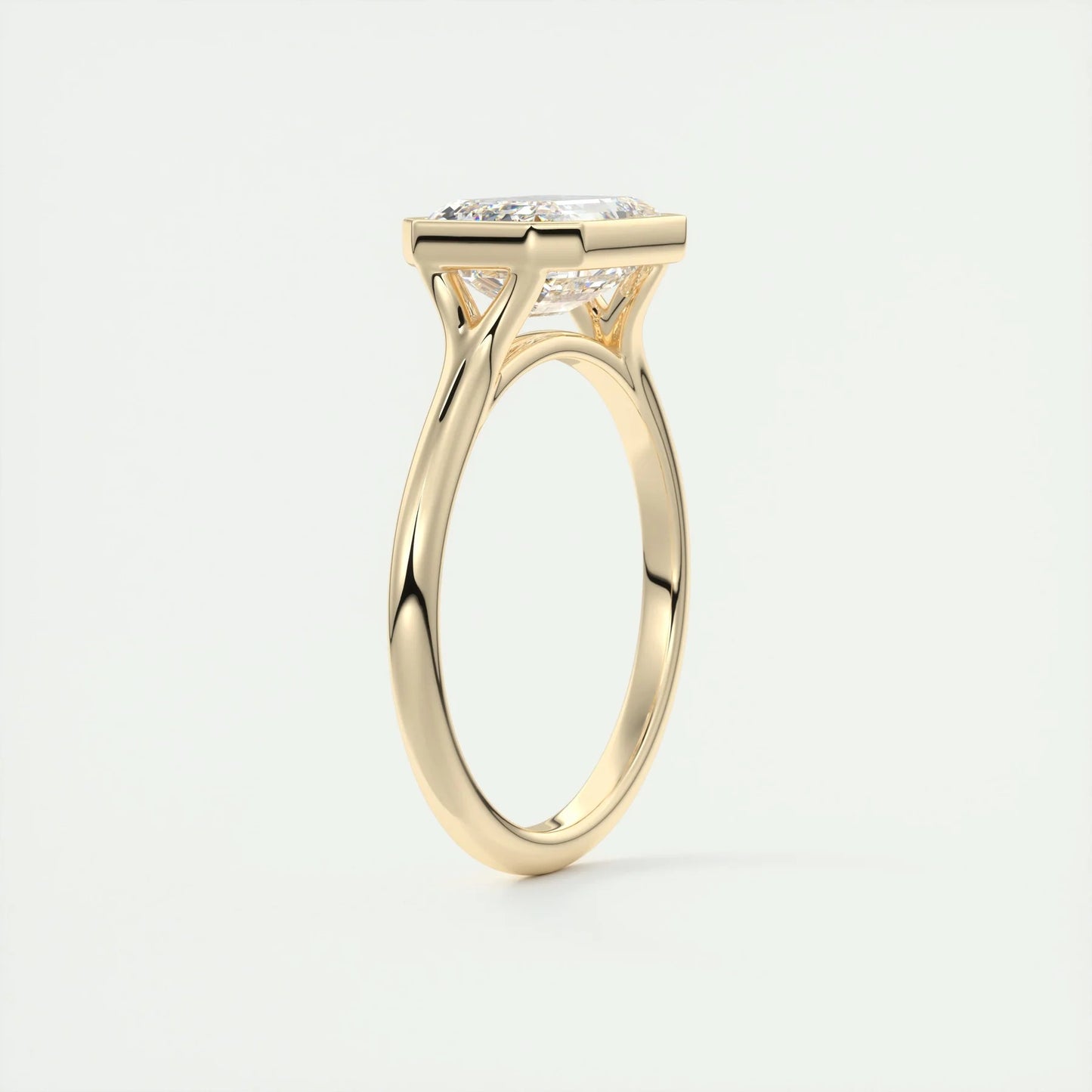 East West Engagement Ring 2 CT Emerald Cut Moissanite Bezel Setting Ring 14K Solid Gold Bridal Solitaire Lab Grown Diamond Anniversary Ring