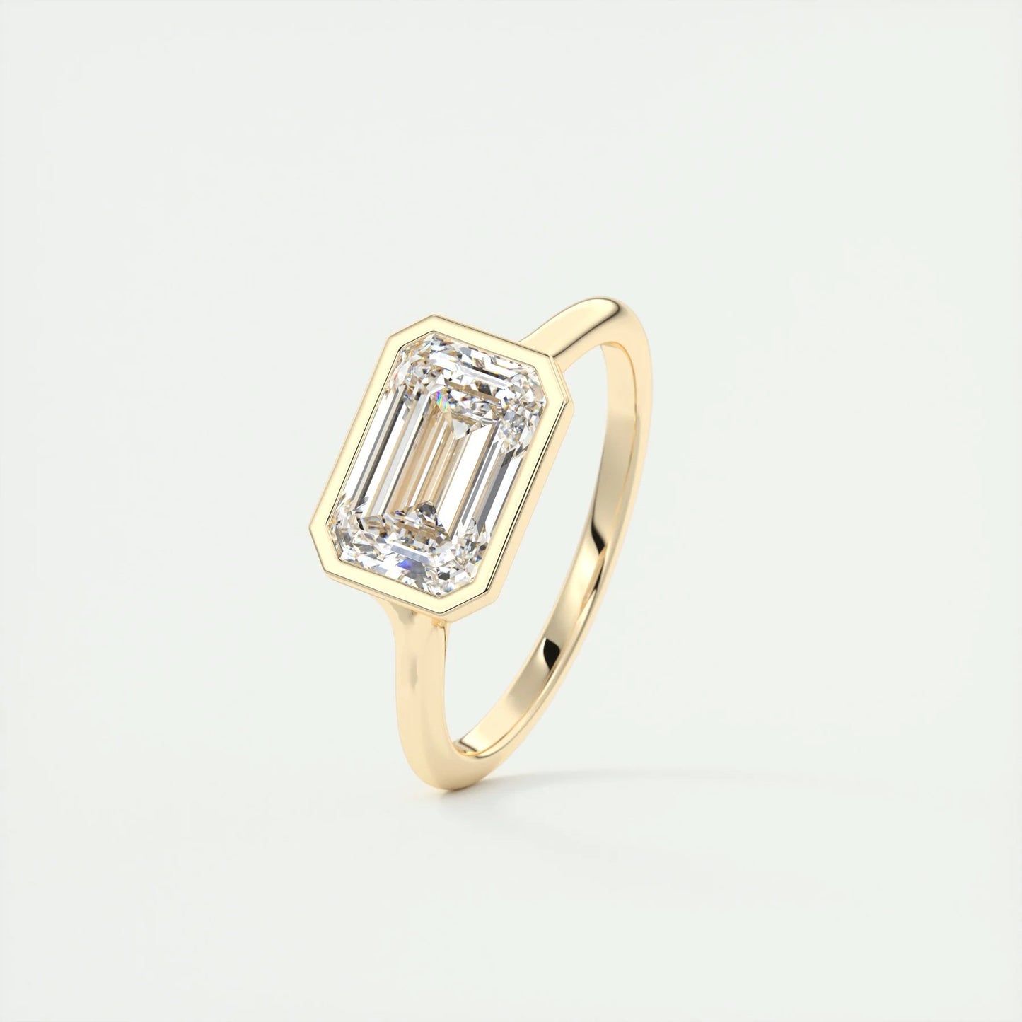 East West Engagement Ring 2 CT Emerald Cut Moissanite Bezel Setting Ring 14K Solid Gold Bridal Solitaire Lab Grown Diamond Anniversary Ring
