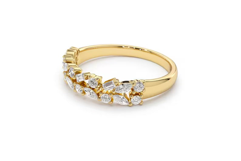 Unique Multi Stone Wedding Ring Marquise Baguette and Round Diamond Wedding Band 14K Solid Gold Anniversary Ring Lab grown Diamond Ring.
