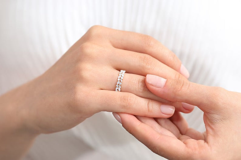 Unique Multi Stone Wedding Ring Marquise Baguette and Round Diamond Wedding Band 14K Solid Gold Anniversary Ring Lab grown Diamond Ring.