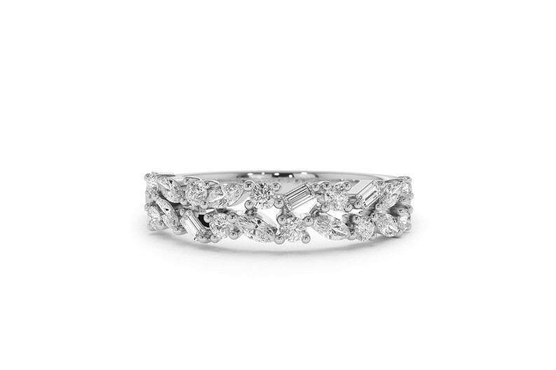 Unique Multi Stone Wedding Ring Marquise Baguette and Round Diamond Wedding Band 14K Solid Gold Anniversary Ring Lab grown Diamond Ring.
