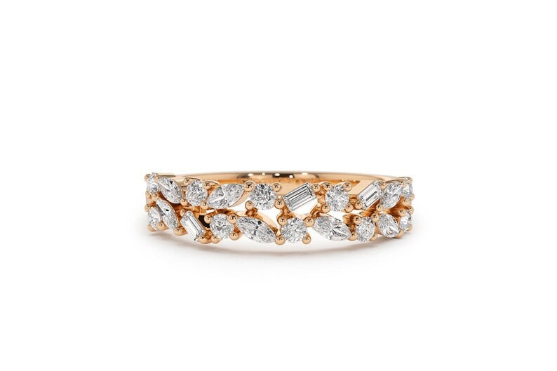 Unique Multi Stone Wedding Ring Marquise Baguette and Round Diamond Wedding Band 14K Solid Gold Anniversary Ring Lab grown Diamond Ring.