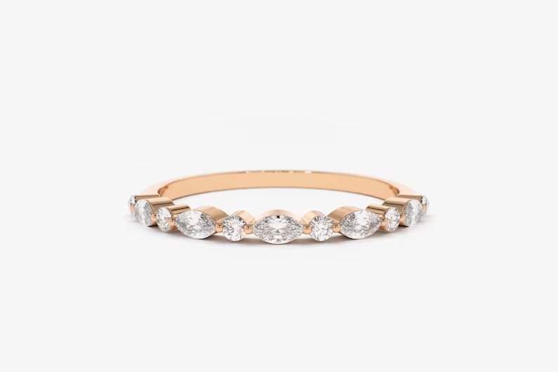 Marquise Diamond Ring Alternating Marquise Round Diamond Ring 14k Solid Gold Shared Prong Wedding Band Minimalist Stacking Ring For Women