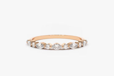 Marquise Diamond Ring Alternating Marquise Round Diamond Ring 14k Solid Gold Shared Prong Wedding Band Minimalist Stacking Ring For Women