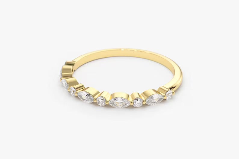 Marquise Diamond Ring Alternating Marquise Round Diamond Ring 14k Solid Gold Shared Prong Wedding Band Minimalist Stacking Ring For Women
