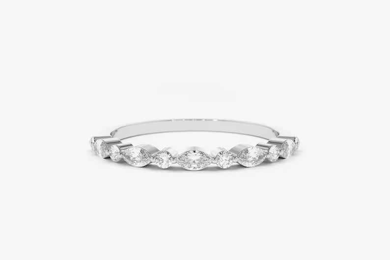 Marquise Diamond Ring Alternating Marquise Round Diamond Ring 14k Solid Gold Shared Prong Wedding Band Minimalist Stacking Ring For Women