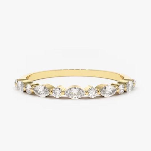 Marquise Diamond Ring Alternating Marquise Round Diamond Ring 14k Solid Gold Shared Prong Wedding Band Minimalist Stacking Ring For Women
