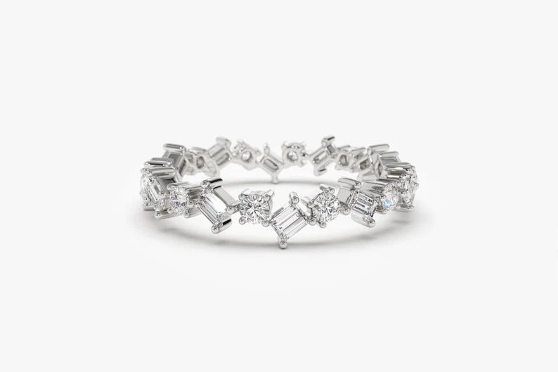 Baguette and Round Moissanite Diamond Alternating Full Eternity Wedding Band 14k Solid Gold Anniversary Band Stacking Ring Wedding Ring.