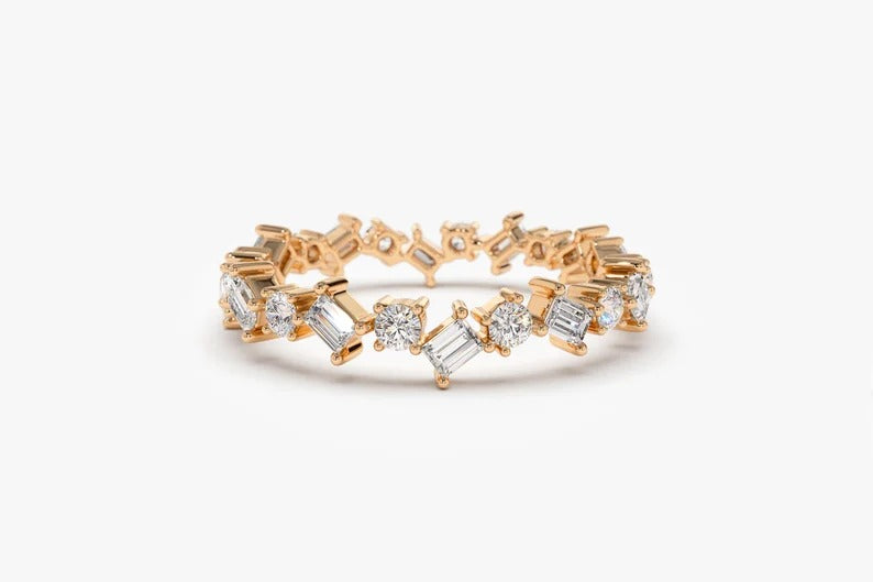 Baguette and Round Moissanite Diamond Alternating Full Eternity Wedding Band 14k Solid Gold Anniversary Band Stacking Ring Wedding Ring.