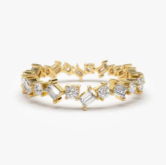 Baguette and Round Moissanite Diamond Alternating Full Eternity Wedding Band 14k Solid Gold Anniversary Band Stacking Ring Wedding Ring.