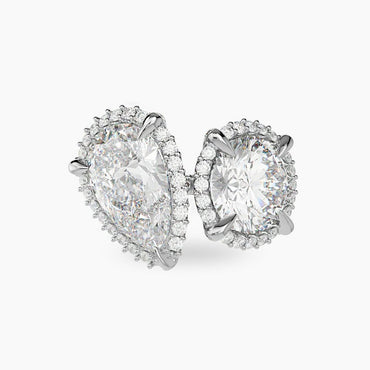 Unique Toi Et Moi Ring Oval & Pear Cut Art Deco Open Gap Two Stone Ring 14K Solid Gold Halo Ring Lab Grown Diamond Vintage Anniversary Ring.