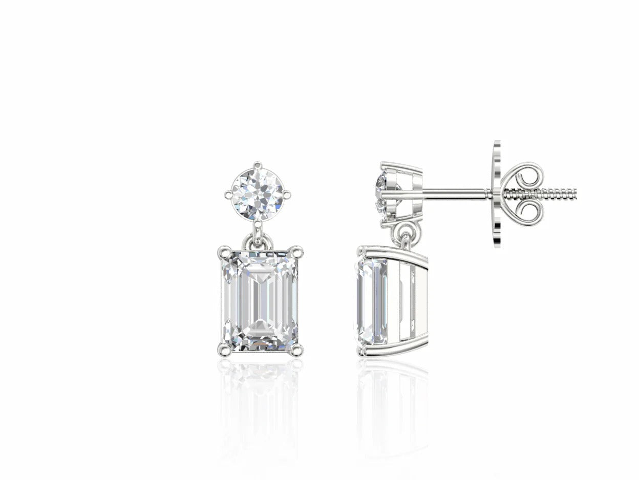 Round & Emerald Cut Moissanite Drop Earrings Lab Grown Diamond Earrings Screw Back Earrings For Women 14K Solid Gold Wedding Gifts For Her.