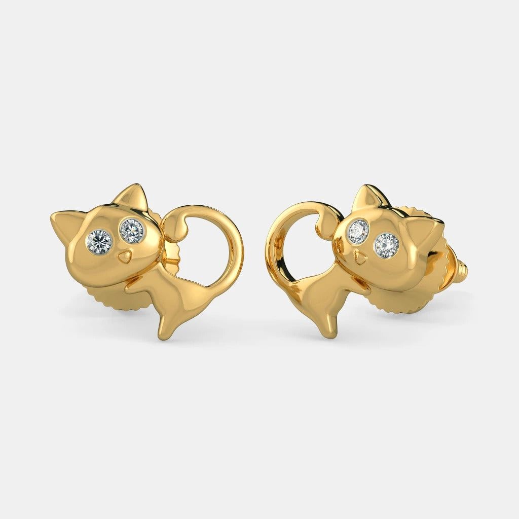 14K Solid Gold Mismatched Dainty Kitten Stud Earrings Moissanite & Lab Grown Diamond Lovely Cat Stud Earring Gift for Daughter.