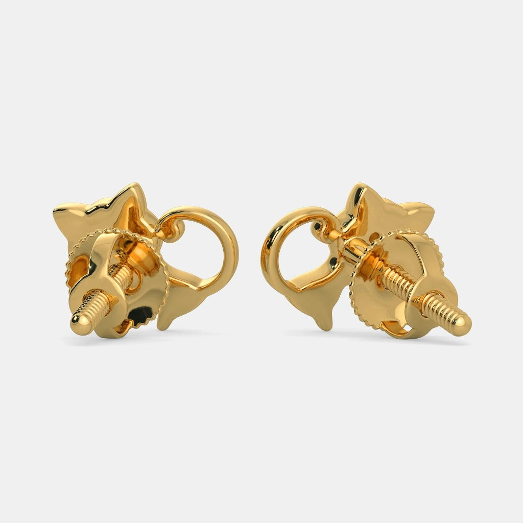 14K Solid Gold Mismatched Dainty Kitten Stud Earrings Moissanite & Lab Grown Diamond Lovely Cat Stud Earring Gift for Daughter.