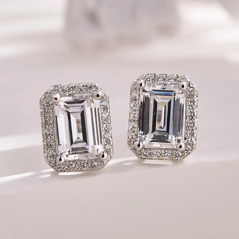 Emerald Moissanite Stud Earrings Lab Grown Diamond Wedding Earrings Halo Moissanite Engagement Earrings 14K Solid Gold Moissanite Earrings.