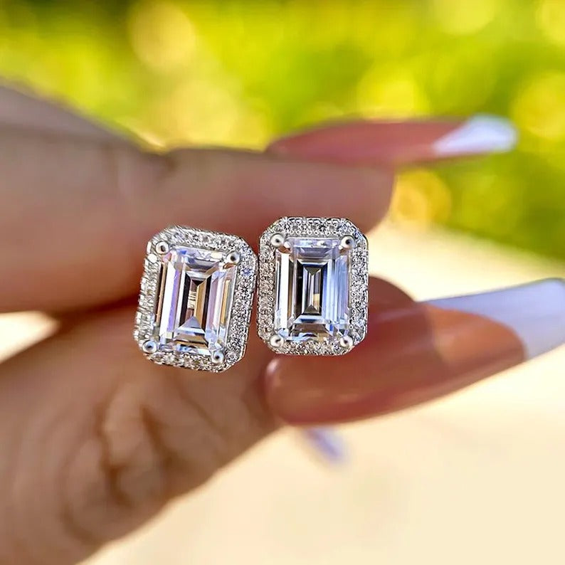 Emerald Moissanite Stud Earrings Lab Grown Diamond Wedding Earrings Halo Moissanite Engagement Earrings 14K Solid Gold Moissanite Earrings.