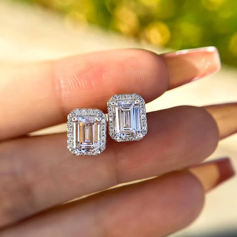 Emerald Moissanite Stud Earrings Lab Grown Diamond Wedding Earrings Halo Moissanite Engagement Earrings 14K Solid Gold Moissanite Earrings.
