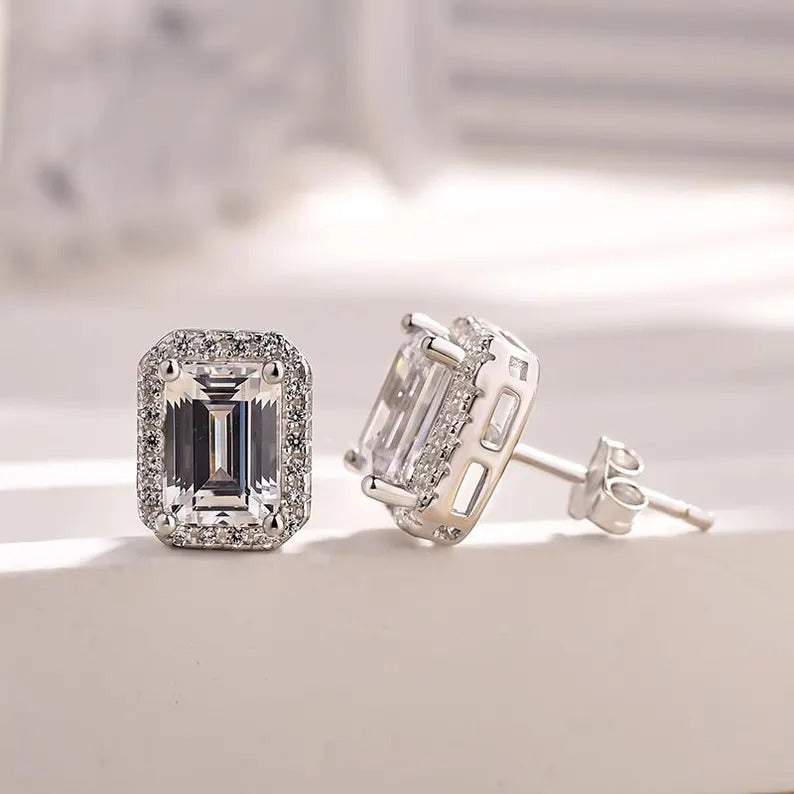 Emerald Moissanite Stud Earrings Lab Grown Diamond Wedding Earrings Halo Moissanite Engagement Earrings 14K Solid Gold Moissanite Earrings.