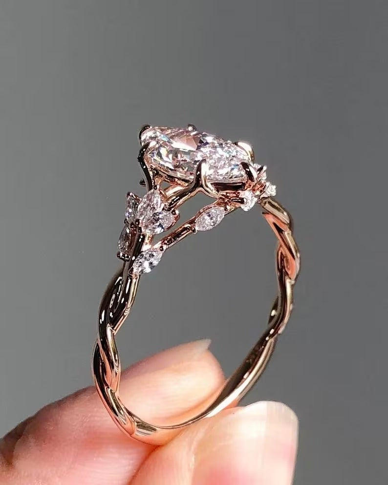 Floral Marquise Cut Moissanite Engagement Ring Vintage 14K Gold Moissanite Diamond Wedding Ring Nature Inspire Ring Anniversary Gifts For Her
