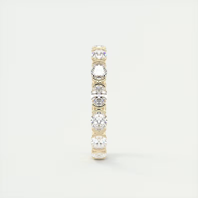 14k Solid Yellow Gold Wedding Band 2.10 TCW Oval Cut Moissanite Half Bezel Set Eternity Matching Band Oval Cut Stacking Band Lab Grown Band