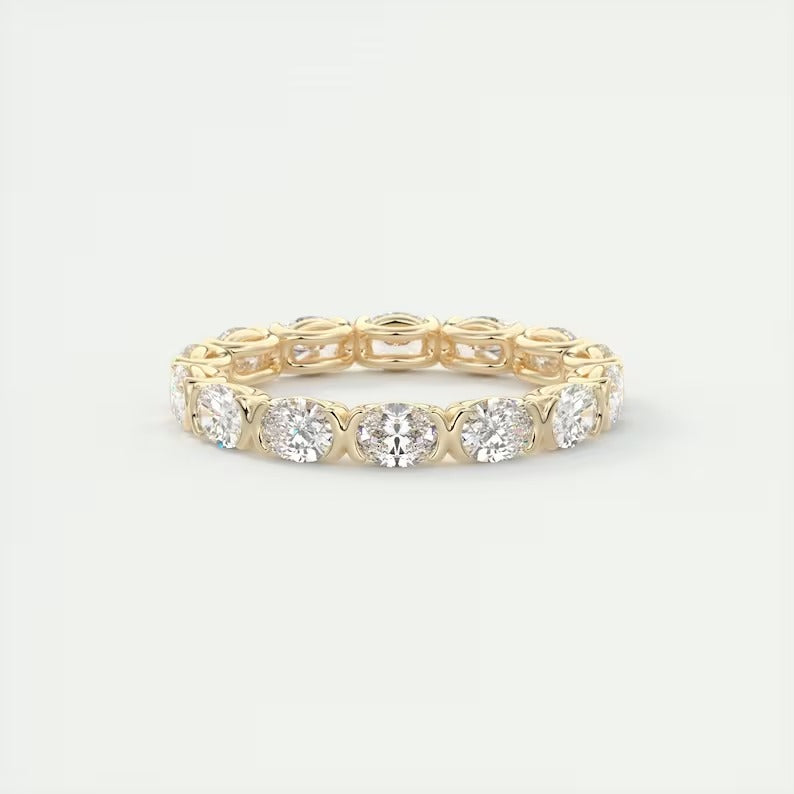 14k Solid Yellow Gold Wedding Band 2.10 TCW Oval Cut Moissanite Half Bezel Set Eternity Matching Band Oval Cut Stacking Band Lab Grown Band
