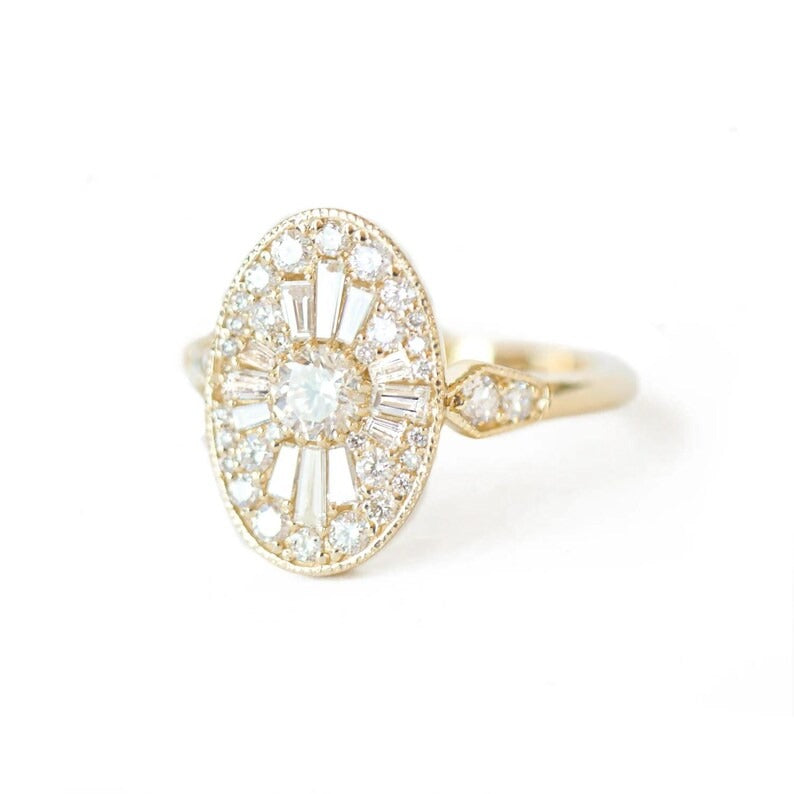Art Deco Oval Moissanite Mosaic Ring, 14K Solid Gold Mosaic Ring, Proposal Ring for Mom, Anniversary or Birthday Gift, Lab Grown Jewelry