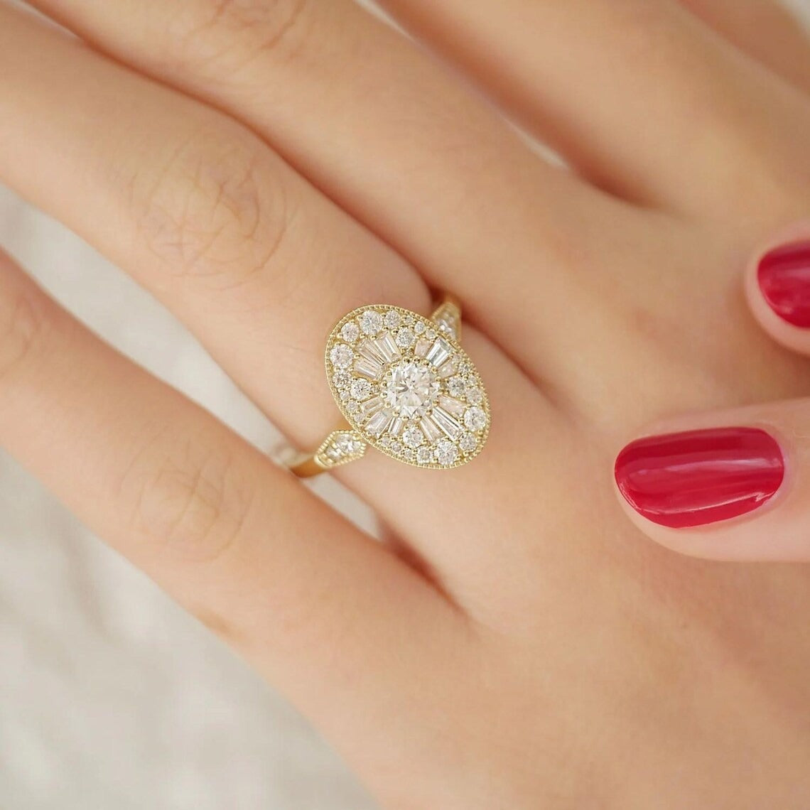 Art Deco Oval Moissanite Mosaic Ring, 14K Solid Gold Mosaic Ring, Proposal Ring for Mom, Anniversary or Birthday Gift, Lab Grown Jewelry