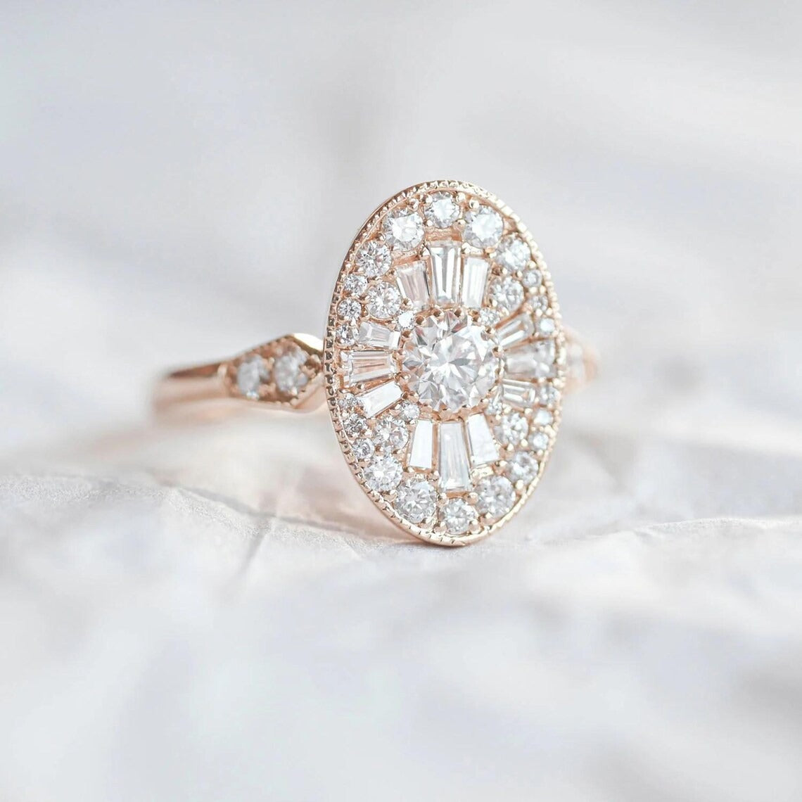 Art Deco Oval Moissanite Mosaic Ring, 14K Solid Gold Mosaic Ring, Proposal Ring for Mom, Anniversary or Birthday Gift, Lab Grown Jewelry